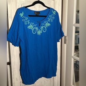 Lane Bryant Blue Gauze Top with Green Embroidery